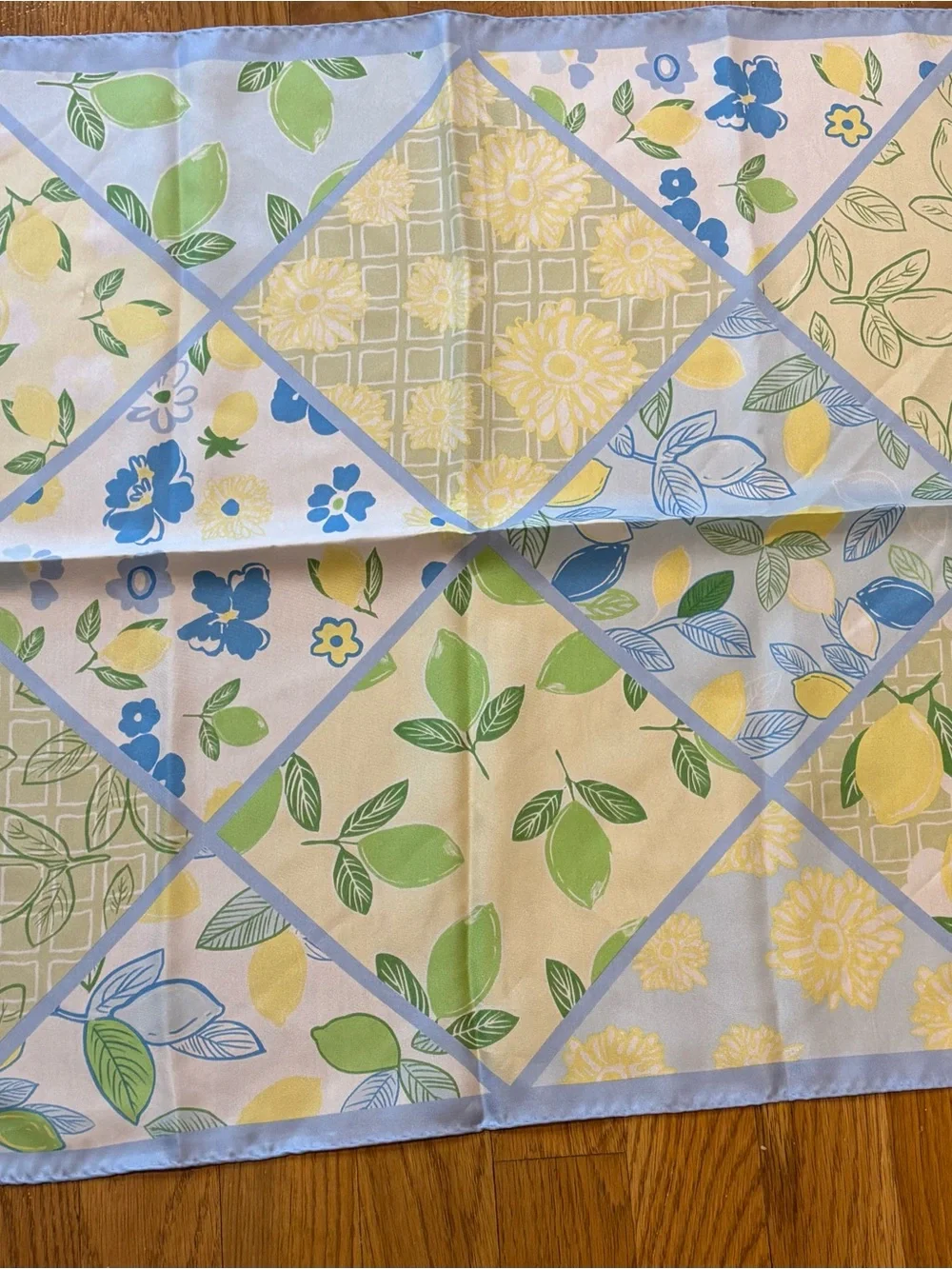 Lemon & Lime print Scarf 21” Square, Yellow Green Blue Pastels Patchwork design